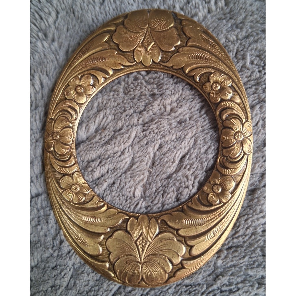 Antique Art Nouveau Brass Floral Sash Pin Brooch Open Oval Frame 2.25" C-Clasp